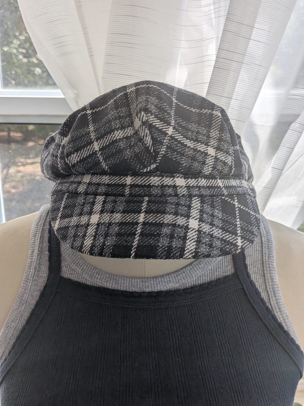 Route 66 Black Silver Metallic Plaid Newsboy Cap Baker Boy Cabbie Hat OSFM